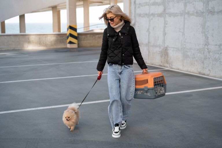 Mujer paseando a un perro pequeño con transportín durante un paseo urbano